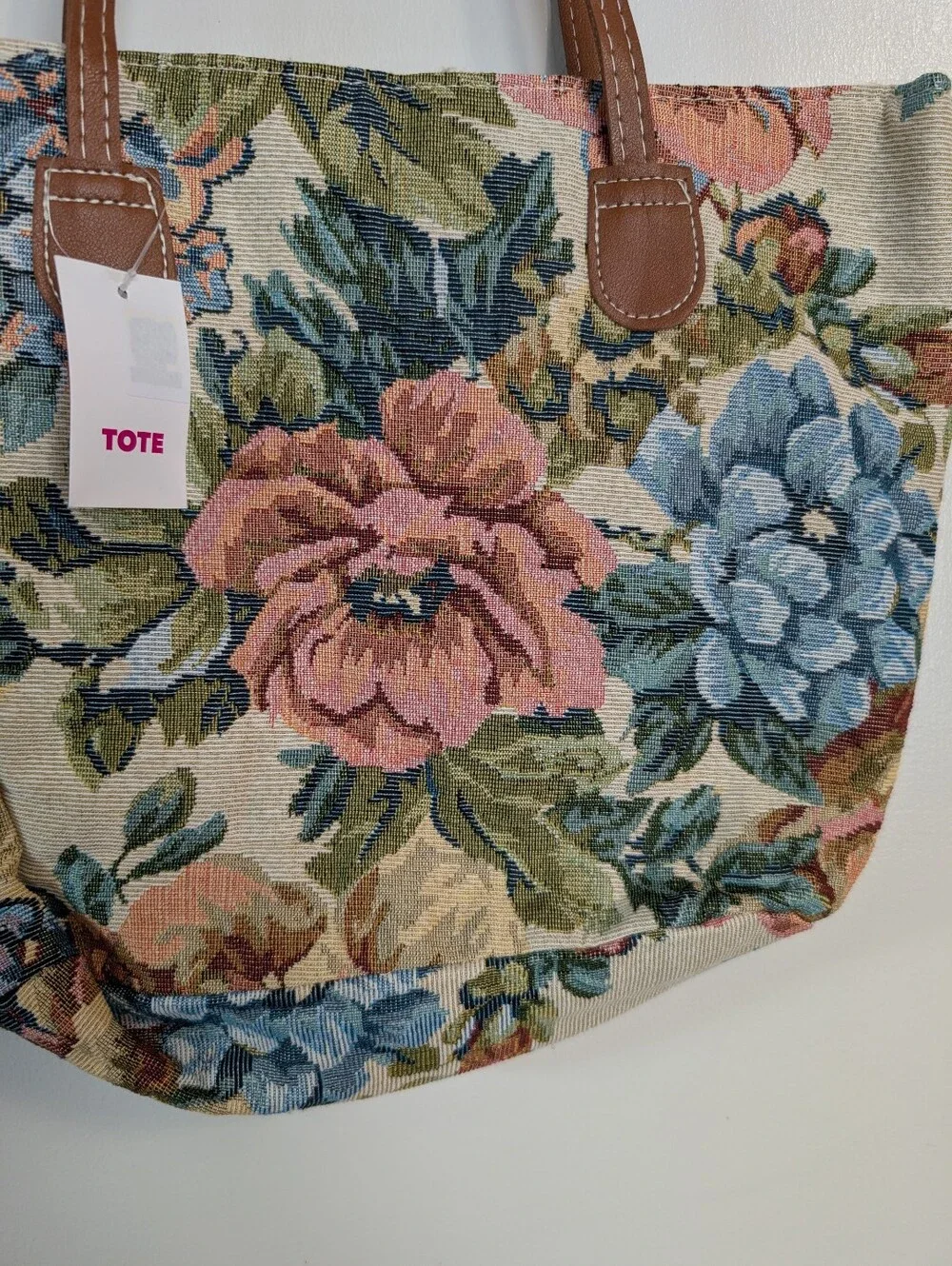 Floral Tapestry Tote with Brown Handles